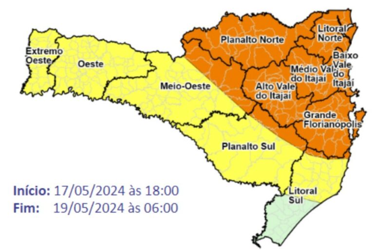 Defesa Civil alerta para temporais no fim de semana em SC